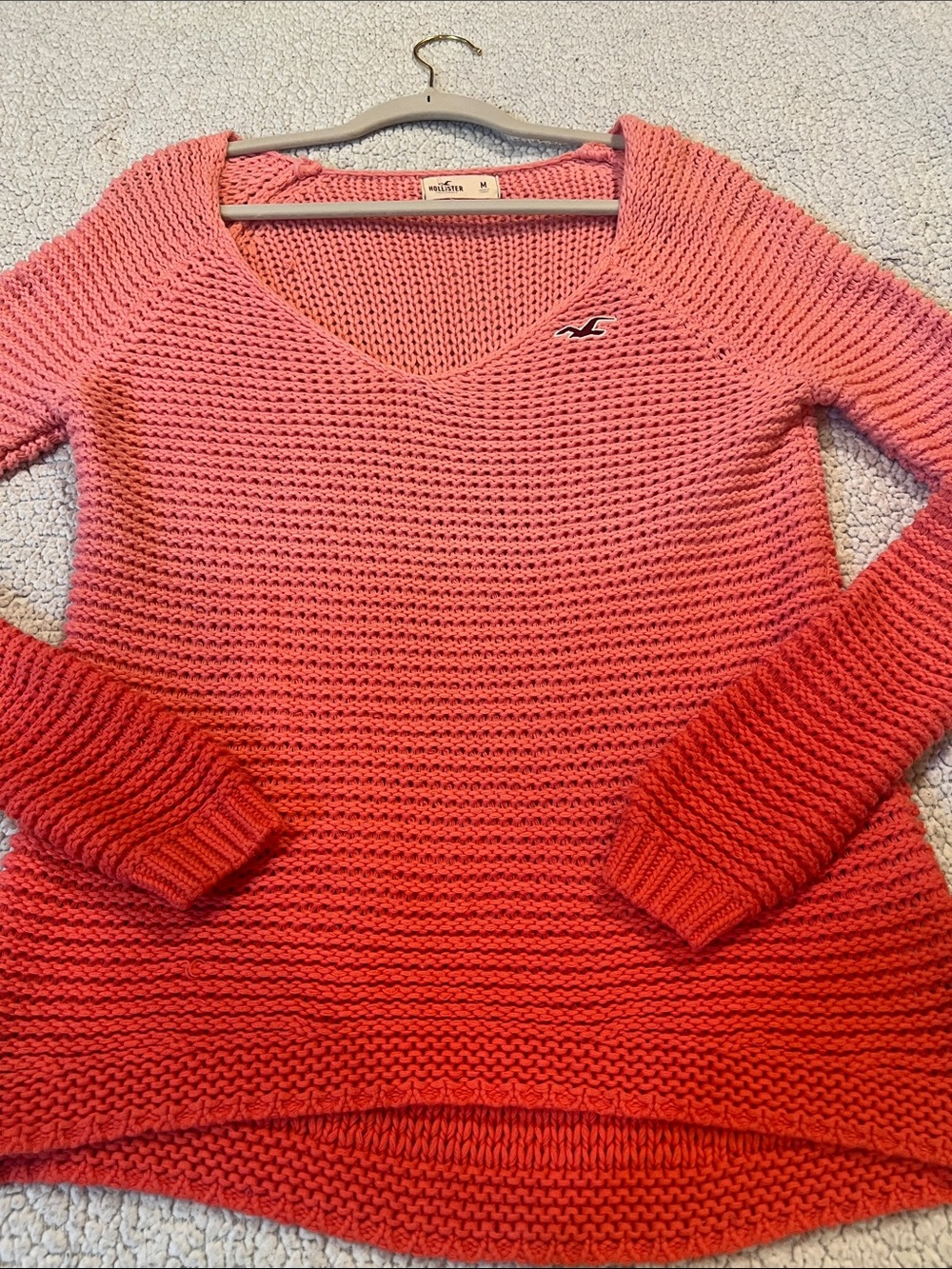 Hollister Women's Pink to Coral Ombre V-Neck Sweater